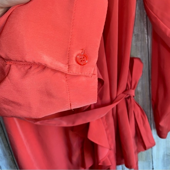 Lane Bryant Peachy Pink Tie Waist Ruffle Hidden Button Down Silky Blouse - Picture 6 of 8